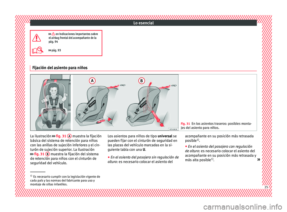 Seat Ateca 2018  Manual del propietario (in Spanish) Lo esencial
›››  en Indicaciones importantes sobre
el airbag frontal del acompañante de la
pág. 94
›››  pág. 93 Fijación del asiento para niños
Fig. 31
En los asientos traseros: