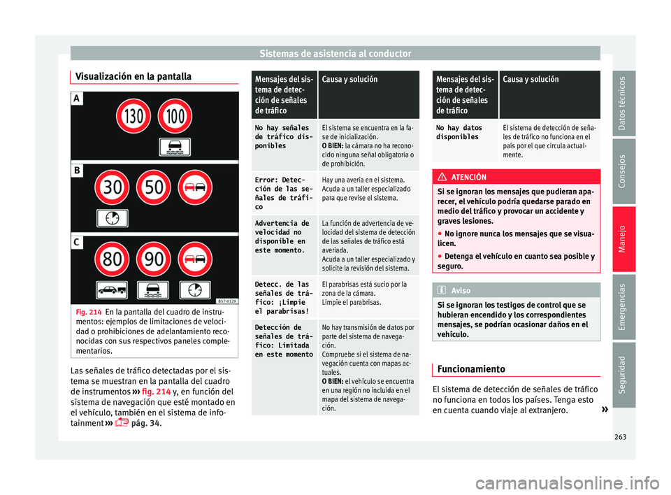 Seat Ateca 2018 Manual del propietario (in Spanish) Sistemas de asistencia al conductor
Visualización en la pantalla Fig. 214
En la pantalla del cuadro de instru-
ment o
s: ej
emplos de limitaciones de veloci-
dad o prohibiciones de adelantamiento rec Seat Ateca 2018 Manual del propietario (in Spanish) Sistemas de asistencia al conductor
Visualización en la pantalla Fig. 214
En la pantalla del cuadro de instru-
ment o
s: ej
emplos de limitaciones de veloci-
dad o prohibiciones de adelantamiento rec