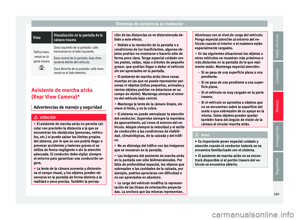 Seat Ateca 2018 Manual del propietario (in Spanish) Sistemas de asistencia al conductorVistaVisualización en la pantalla de la
cámara trasera
Tráfico trans-
versal en la
parte trasera
Zona izquierda de la pantalla: calle
transversal en el lado i Seat Ateca 2018 Manual del propietario (in Spanish) Sistemas de asistencia al conductorVistaVisualización en la pantalla de la
cámara trasera
Tráfico trans-
versal en la
parte trasera
Zona izquierda de la pantalla: calle
transversal en el lado i