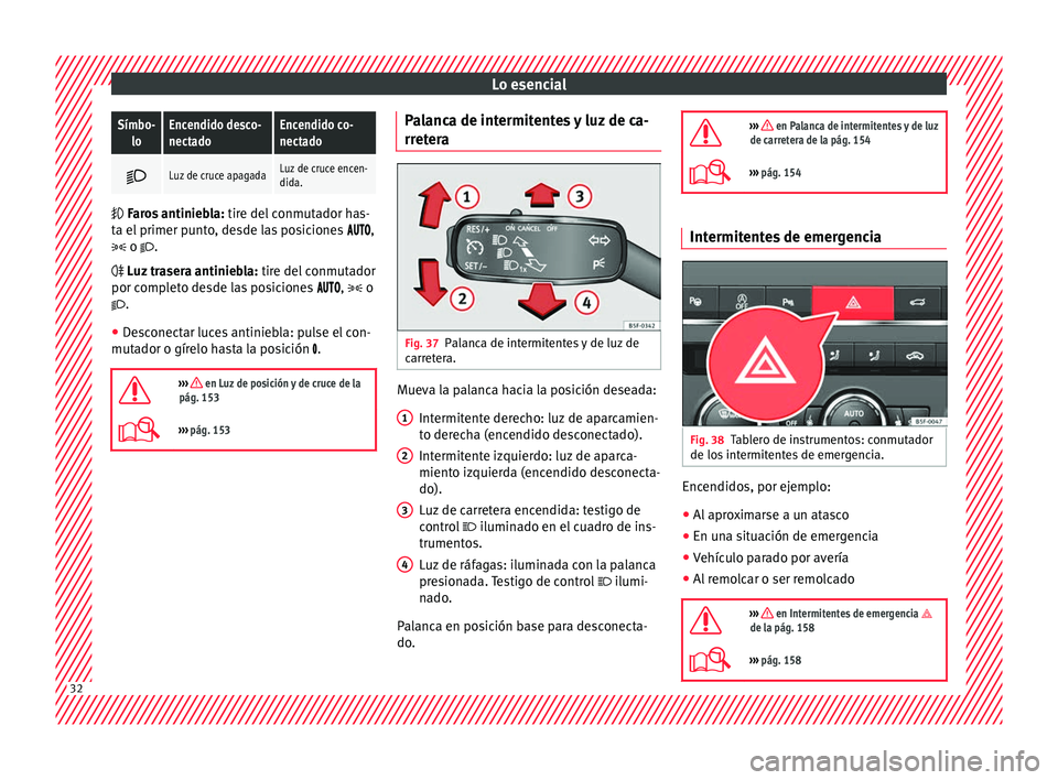 Seat Ateca 2018 Manual del propietario (in Spanish) Lo esencialSímbo-
loEncendido desco-
nectadoEncendido co-
nectado
Luz de cruce apagadaLuz de cruce encen-
dida.
Faros antiniebla:
tire del
conmutador has-
ta el primer punto, desde las pos Seat Ateca 2018 Manual del propietario (in Spanish) Lo esencialSímbo-
loEncendido desco-
nectadoEncendido co-
nectado
Luz de cruce apagadaLuz de cruce encen-
dida.
Faros antiniebla:
tire del
conmutador has-
ta el primer punto, desde las pos