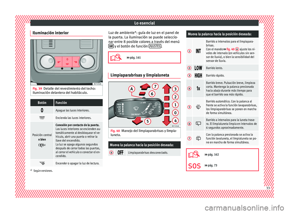 Seat Ateca 2018 Manual del propietario (in Spanish) Lo esencial
Iluminación interior Fig. 39
Detalle del revestimiento del techo:
i lumin
ac
ión delantera del habitáculo.
BotónFunción
Apague las luces interiores.
Encienda las luces interio Seat Ateca 2018 Manual del propietario (in Spanish) Lo esencial
Iluminación interior Fig. 39
Detalle del revestimiento del techo:
i lumin
ac
ión delantera del habitáculo.
BotónFunción
Apague las luces interiores.
Encienda las luces interio