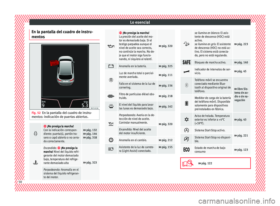 Seat Ateca 2018  Manual del propietario (in Spanish) Lo esencial
En la pantalla del cuadro de instru-
ment o
s Fig. 52
En la pantalla del cuadro de instru-
ment o
s: indic
ación de puertas abiertas.  
 ¡No prosiga la marcha!
Con la indicación c