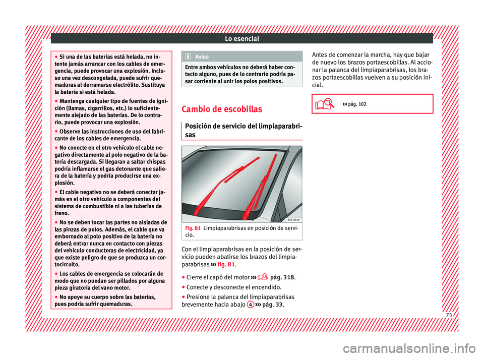 Seat Ateca 2018  Manual del propietario (in Spanish) Lo esencial
●
Si un a de l
as baterías está helada, no in-
tente jamás arrancar con los cables de emer-
gencia, puede provocar una explosión. Inclu-
so una vez descongelada, puede sufrir que-
ma