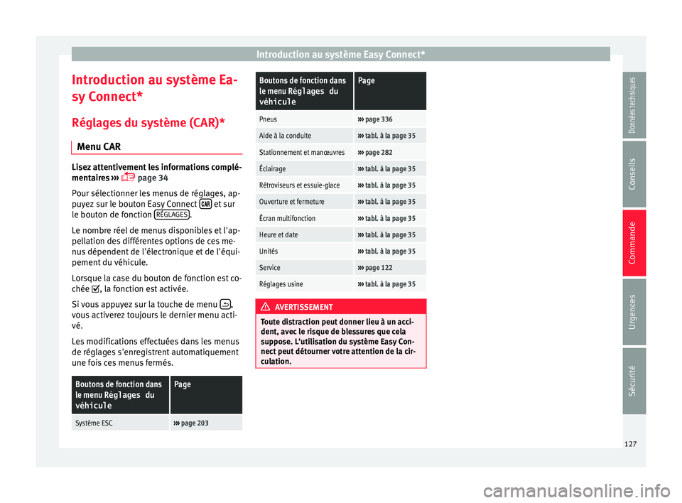 Seat Ateca 2018 Manuel du propriétaire (in French) Introduction au système Easy Connect*
Introduction au système Ea-
sy C
onnect
*
Réglages du système (CAR)* Menu CAR Lisez attentivement les informations complé-
mentair
e
s ›››
page Seat Ateca 2018 Manuel du propriétaire (in French) Introduction au système Easy Connect*
Introduction au système Ea-
sy C
onnect
*
Réglages du système (CAR)* Menu CAR Lisez attentivement les informations complé-
mentair
e
s ›››
page