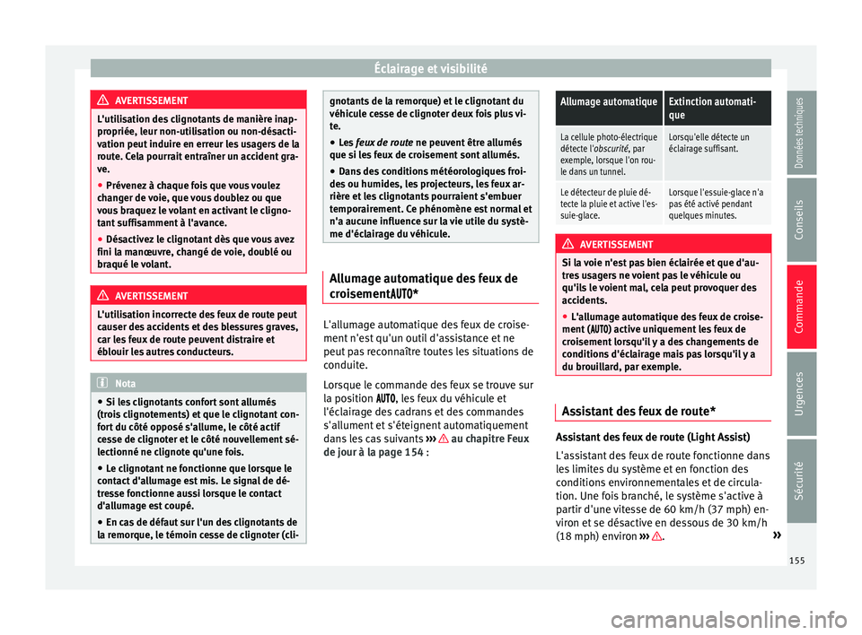 Seat Ateca 2018 Manuel du propriétaire (in French) Éclairage et visibilité
AVERTISSEMENT
L'utilisation des clignotants de manière inap-
propriée, l eur non-uti
lisation ou non-désacti-
vation peut induire en erreur les usagers de la
route. Ce Seat Ateca 2018 Manuel du propriétaire (in French) Éclairage et visibilité
AVERTISSEMENT
L'utilisation des clignotants de manière inap-
propriée, l eur non-uti
lisation ou non-désacti-
vation peut induire en erreur les usagers de la
route. Ce