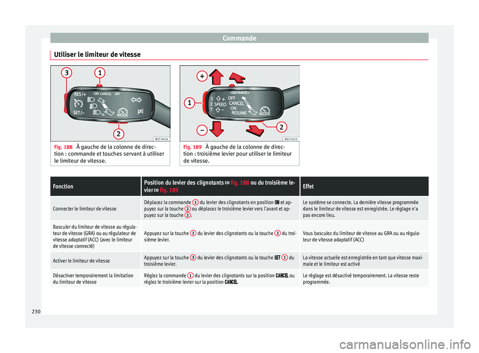 Seat Ateca 2018 Manuel du propriétaire (in French) Commande
Utiliser le limiteur de vitesse Fig. 188
À gauche de la colonne de direc-
tion : comm ande et
touches servant à utiliser
le limiteur de vitesse. Fig. 189
À gauche de la colonne de direc Seat Ateca 2018 Manuel du propriétaire (in French) Commande
Utiliser le limiteur de vitesse Fig. 188
À gauche de la colonne de direc-
tion : comm ande et
touches servant à utiliser
le limiteur de vitesse. Fig. 189
À gauche de la colonne de direc