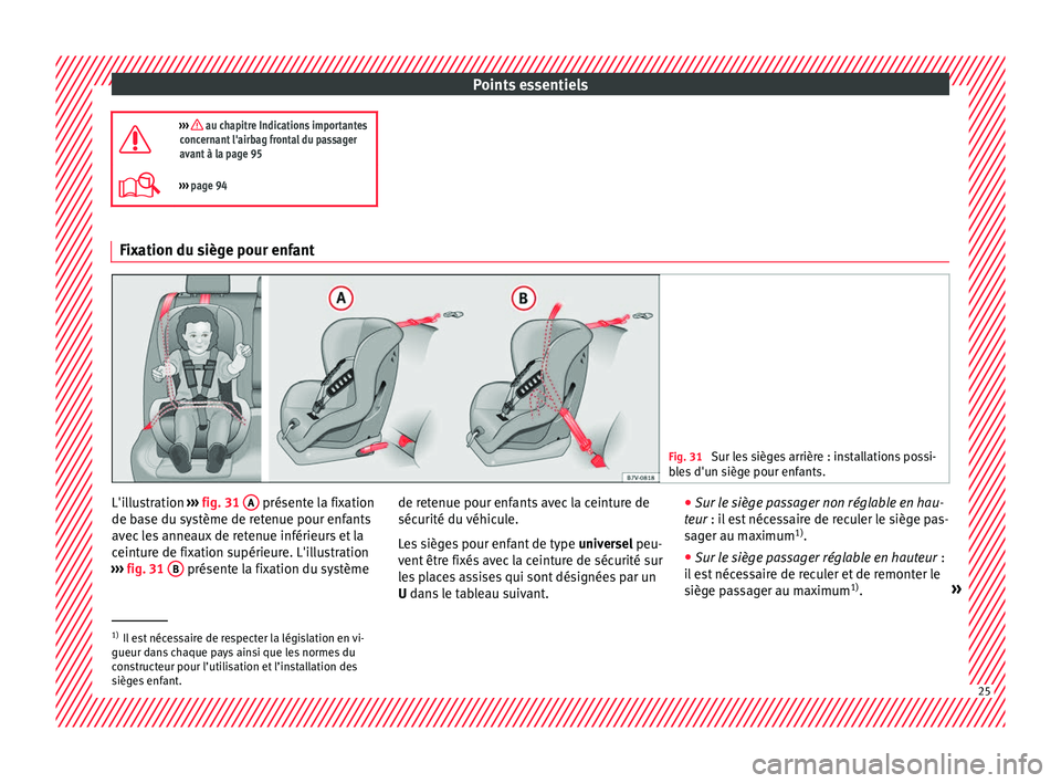 Seat Ateca 2018 Manuel du propriétaire (in French) Points essentiels
››› au chapitre Indications importantes
concernant l'airbag frontal du passager
avant à la page 95
››› page 94 Fixation du siège pour enfant
Fig. 31
Sur le Seat Ateca 2018 Manuel du propriétaire (in French) Points essentiels
››› au chapitre Indications importantes
concernant l'airbag frontal du passager
avant à la page 95
››› page 94 Fixation du siège pour enfant
Fig. 31
Sur le