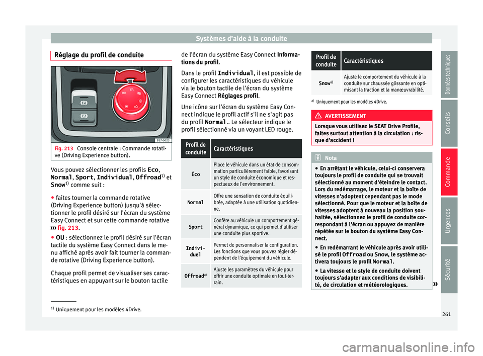 Seat Ateca 2018  Manuel du propriétaire (in French)  Systèmes d’aide à la conduite
Réglage du profil de conduite Fig. 213 
Console centrale : Commande rotati-
v e (Driv
in
g Experience button). Vous pouvez sélectionner les profils 
Eco,
Normal , S