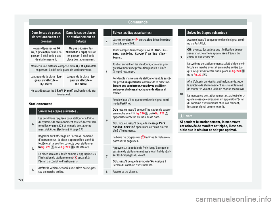 Seat Ateca 2018 Manuel du propriétaire (in French) CommandeDans le cas de places
de stationnement en créneauDans le cas de placesde stationnement en bataille
Ne pas dépasser les 40
km/h (25 mph) environ en passant à côté de la place de stationne Seat Ateca 2018 Manuel du propriétaire (in French) CommandeDans le cas de places
de stationnement en créneauDans le cas de placesde stationnement en bataille
Ne pas dépasser les 40
km/h (25 mph) environ en passant à côté de la place de stationne