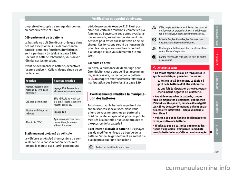 Seat Ateca 2018 Manuel du propriétaire (in French) Vérification et appoint de niveaux
propreté et le couple de serrage des bornes,
en p ar
tic
ulier l'été et l'hiver.
Débranchement de la batterie
La batterie ne doit être débranchée que Seat Ateca 2018 Manuel du propriétaire (in French) Vérification et appoint de niveaux
propreté et le couple de serrage des bornes,
en p ar
tic
ulier l'été et l'hiver.
Débranchement de la batterie
La batterie ne doit être débranchée que