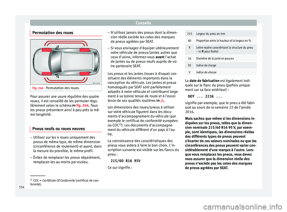 Seat Ateca 2018 Manuel du propriétaire (in French) Conseils
Permutation des roues Fig. 244
Permutation des roues. Pour assurer une usure régulière des quatre
r
oue
s, i
l est conseillé de les permuter régu-
lièrement selon le schéma ››› Seat Ateca 2018 Manuel du propriétaire (in French) Conseils
Permutation des roues Fig. 244
Permutation des roues. Pour assurer une usure régulière des quatre
r
oue
s, i
l est conseillé de les permuter régu-
lièrement selon le schéma ›››