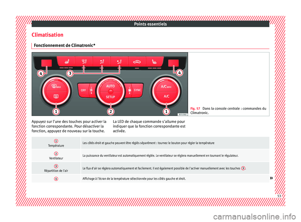 Seat Ateca 2018 Manuel du propriétaire (in French) Points essentiels
Climatisation Fonctionnement
de
Climatronic* Fig. 57
Dans la console centrale : commandes du
Clim atr
onic. Appuyez sur l'une des touches pour activer la
f
onction c
orr
esp Seat Ateca 2018 Manuel du propriétaire (in French) Points essentiels
Climatisation Fonctionnement
de
Climatronic* Fig. 57
Dans la console centrale : commandes du
Clim atr
onic. Appuyez sur l'une des touches pour activer la
f
onction c
orr
esp