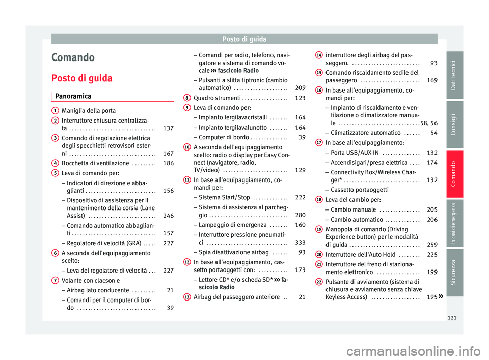 Seat Ateca 2018  Manuale del proprietario (in Italian) Posto di guida
Comando
P o
s
to di guida
Panoramica Maniglia della porta
Interrutt
or

e chiusura centralizza-
ta  . . . . . . . . . . . . . . . . . . . . . . . . . . . . . . . . 137
Comando di regola