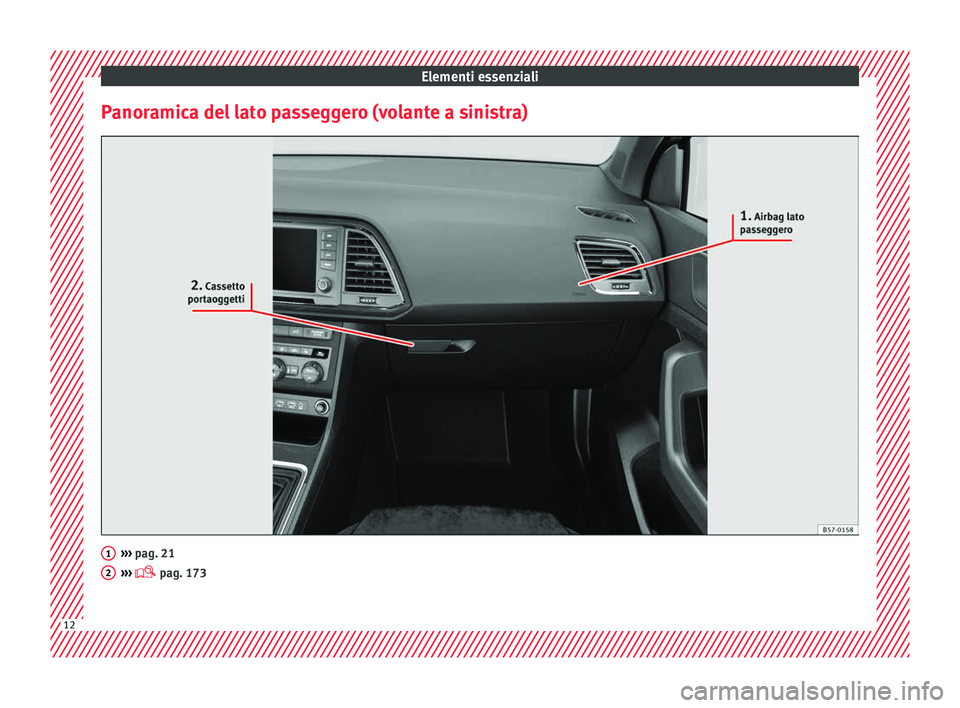 Seat Ateca 2018 Manuale del proprietario (in Italian) Elementi essenziali
Panoramica del lato passeggero (volante a sinistra) ›››
pag. 21
› ›
› pag. 173 1
2
12 Seat Ateca 2018 Manuale del proprietario (in Italian) Elementi essenziali
Panoramica del lato passeggero (volante a sinistra) ›››
pag. 21
› ›
› pag. 173 1
2
12
