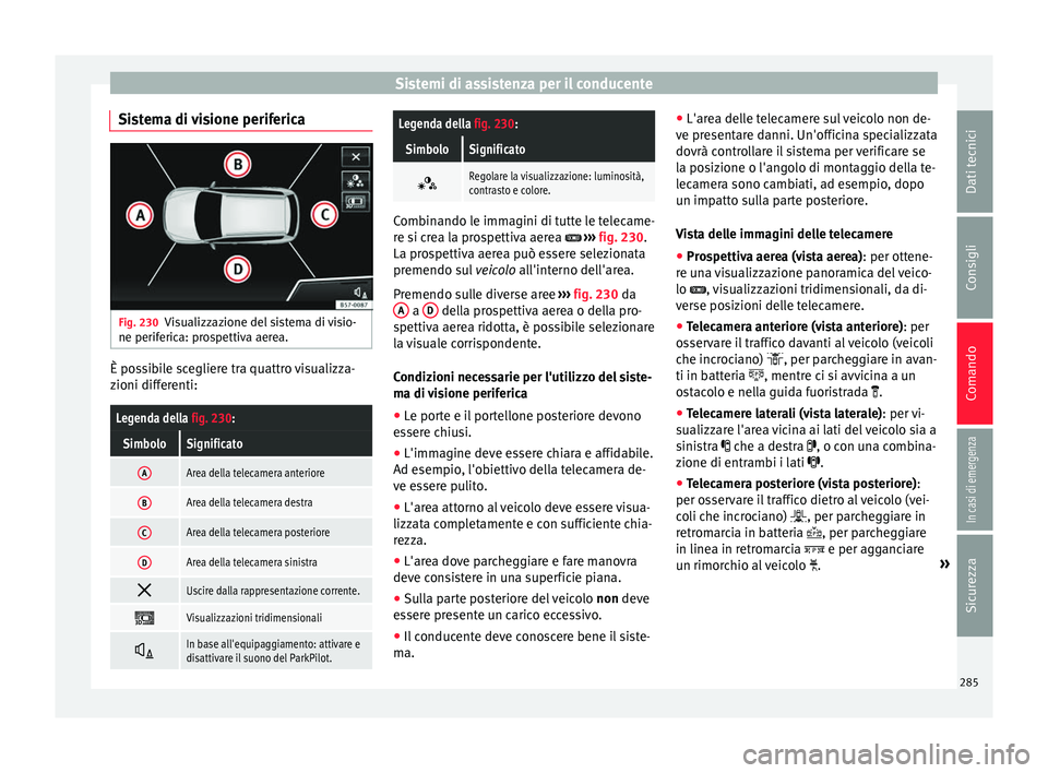 Seat Ateca 2018 Manuale del proprietario (in Italian) Sistemi di assistenza per il conducente
Sistema di visione periferica Fig. 230
Visualizzazione del sistema di visio-
ne perif eric
a: pr
ospettiva aerea. È possibile scegliere tra quattro visualizza- Seat Ateca 2018 Manuale del proprietario (in Italian) Sistemi di assistenza per il conducente
Sistema di visione periferica Fig. 230
Visualizzazione del sistema di visio-
ne perif eric
a: pr
ospettiva aerea. È possibile scegliere tra quattro visualizza-