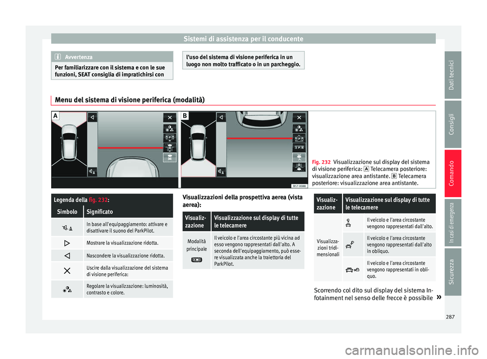 Seat Ateca 2018 Manuale del proprietario (in Italian) Sistemi di assistenza per il conducente
Avvertenza
Per familiarizzare con il sistema e con le sue
fu n
zioni, SEAT consiglia di impratichirsi con l'uso del sistema di visione periferica in un
luog Seat Ateca 2018 Manuale del proprietario (in Italian) Sistemi di assistenza per il conducente
Avvertenza
Per familiarizzare con il sistema e con le sue
fu n
zioni, SEAT consiglia di impratichirsi con l'uso del sistema di visione periferica in un
luog