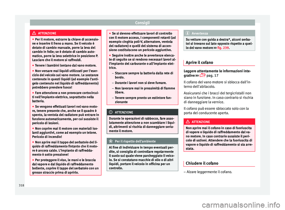 Seat Ateca 2018 Manuale del proprietario (in Italian) Consigli
ATTENZIONE
● Per i l
motore, estrarre la chiave di accensio-
ne e inserire il freno a mano. Se il veicolo è
dotato di cambio manuale, porre la leva del
cambio in folle; se è dotato di ca Seat Ateca 2018 Manuale del proprietario (in Italian) Consigli
ATTENZIONE
● Per i l
motore, estrarre la chiave di accensio-
ne e inserire il freno a mano. Se il veicolo è
dotato di cambio manuale, porre la leva del
cambio in folle; se è dotato di ca