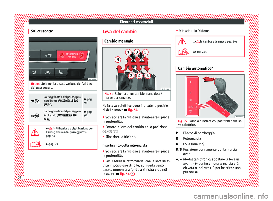 Seat Ateca 2018 Manuale del proprietario (in Italian) Elementi essenziali
Sul cruscotto Fig. 53
Spia per la disattivazione dell'airbag
del p
a
sseggero.
L'airbag frontale del passeggero
è scollegato ( Seat Ateca 2018 Manuale del proprietario (in Italian) Elementi essenziali
Sul cruscotto Fig. 53
Spia per la disattivazione dell'airbag
del p
a
sseggero.
L'airbag frontale del passeggero
è scollegato (