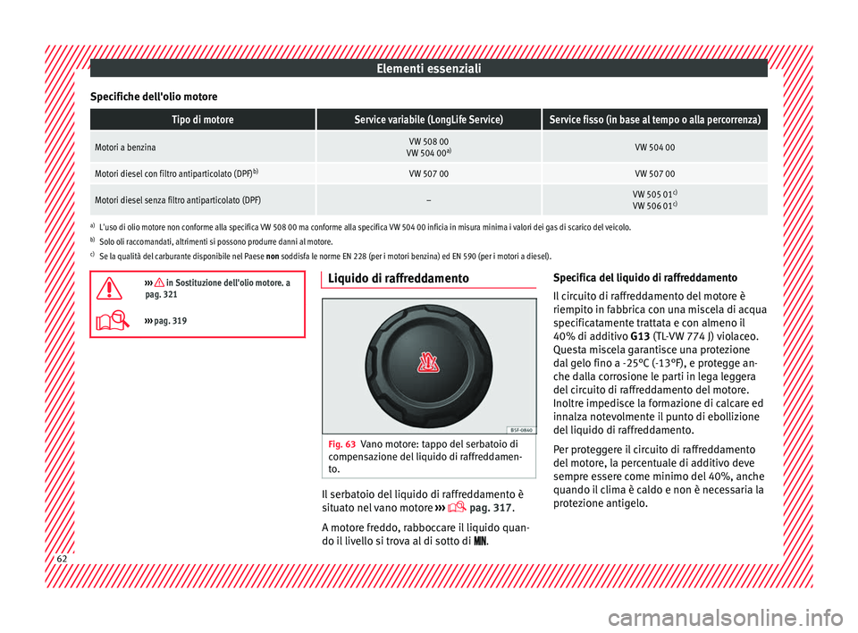 Seat Ateca 2018 Manuale del proprietario (in Italian) Elementi essenziali
Specifiche dell'olio motoreTipo di motoreService variabile (LongLife Service)Service fisso (in base al tempo o alla percorrenza)
Motori a benzinaVW 508 00
VW 504 00 a)VW 504 00 Seat Ateca 2018 Manuale del proprietario (in Italian) Elementi essenziali
Specifiche dell'olio motoreTipo di motoreService variabile (LongLife Service)Service fisso (in base al tempo o alla percorrenza)
Motori a benzinaVW 508 00
VW 504 00 a)VW 504 00