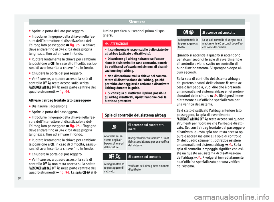 Seat Ateca 2018 Manuale del proprietario (in Italian) Sicurezza
● Aprir e l
a por
ta del lato passeggero.
● Introdurre l'ingegno della chiave nella fes-
sura del
l'interruttore di disattivazione del-
l'airbag lato passeggero ››› f Seat Ateca 2018 Manuale del proprietario (in Italian) Sicurezza
● Aprir e l
a por
ta del lato passeggero.
● Introdurre l'ingegno della chiave nella fes-
sura del
l'interruttore di disattivazione del-
l'airbag lato passeggero ››› f