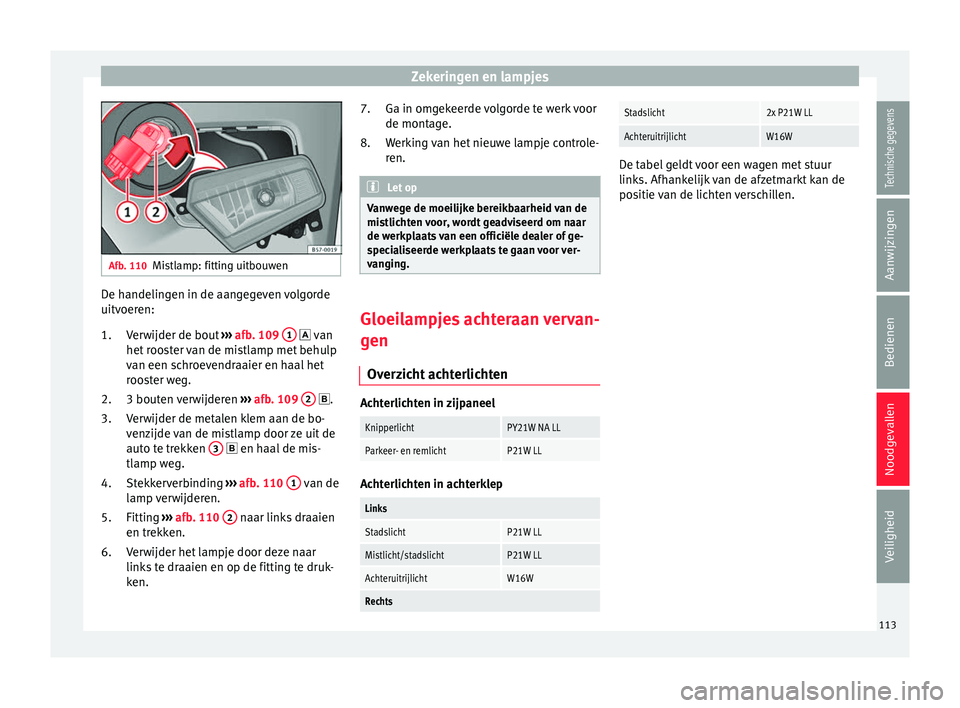 Seat Ateca 2018  Handleiding (in Dutch) Zekeringen en lampjes
Afb. 110
Mistlamp: fitting uitbouwen De handelingen in de aangegeven volgorde
uit
v
oer
en:
Verwijder de bout  ››› afb. 109  1   v
an
het  r

ooster van de mistlamp met 