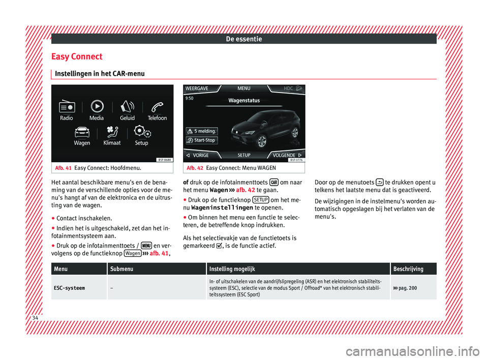 Seat Ateca 2018 Handleiding (in Dutch) De essentie
Easy Connect Instellingen in het CAR-menu Afb. 41
Easy Connect: Hoofdmenu. Afb. 42
Easy Connect: Menu WAGEN Het aantal beschikbare menu's en de bena-
ming van de verschillende opties v Seat Ateca 2018 Handleiding (in Dutch) De essentie
Easy Connect Instellingen in het CAR-menu Afb. 41
Easy Connect: Hoofdmenu. Afb. 42
Easy Connect: Menu WAGEN Het aantal beschikbare menu's en de bena-
ming van de verschillende opties v