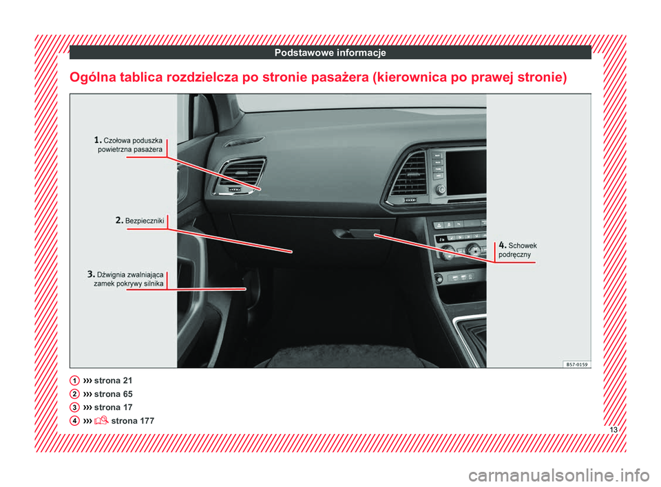 Seat Ateca 2018 Instrukcja Obsługi (in Polish) Podstawowe informacje
Ogólna tablica rozdzielcza po stronie pasażera (kierownica po prawej stronie) ›››
strona 21
›› ›
strona 65
››› strona 17
››› strona 177 1
2
3
4
Seat Ateca 2018 Instrukcja Obsługi (in Polish) Podstawowe informacje
Ogólna tablica rozdzielcza po stronie pasażera (kierownica po prawej stronie) ›››
strona 21
›› ›
strona 65
››› strona 17
››› strona 177 1
2
3
4