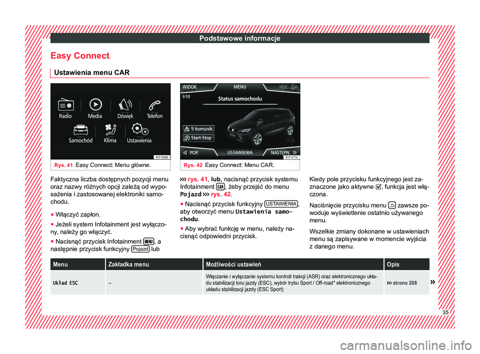 Seat Ateca 2018 Instrukcja Obsługi (in Polish) Podstawowe informacje
Easy Connect Ustawienia menu CAR Rys. 41
Easy Connect: Menu główne. Rys. 42
Easy Connect: Menu CAR. Faktyczna liczba dostępnych pozycji menu
oraz nazwy różnych opcji zależ Seat Ateca 2018 Instrukcja Obsługi (in Polish) Podstawowe informacje
Easy Connect Ustawienia menu CAR Rys. 41
Easy Connect: Menu główne. Rys. 42
Easy Connect: Menu CAR. Faktyczna liczba dostępnych pozycji menu
oraz nazwy różnych opcji zależ