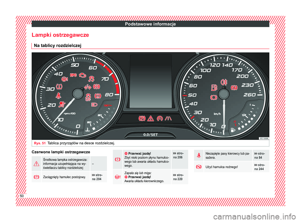 Seat Ateca 2018 Instrukcja Obsługi (in Polish) Podstawowe informacje
Lampki ostrzegawcze Na tablicy rozdzielczej Rys. 51
Tablica przyrządów na desce rozdzielczej. Czerwone lampki ostrzegawcze
Środkowa lampka ostrzegawcza:
informacja uzupełn Seat Ateca 2018 Instrukcja Obsługi (in Polish) Podstawowe informacje
Lampki ostrzegawcze Na tablicy rozdzielczej Rys. 51
Tablica przyrządów na desce rozdzielczej. Czerwone lampki ostrzegawcze
Środkowa lampka ostrzegawcza:
informacja uzupełn