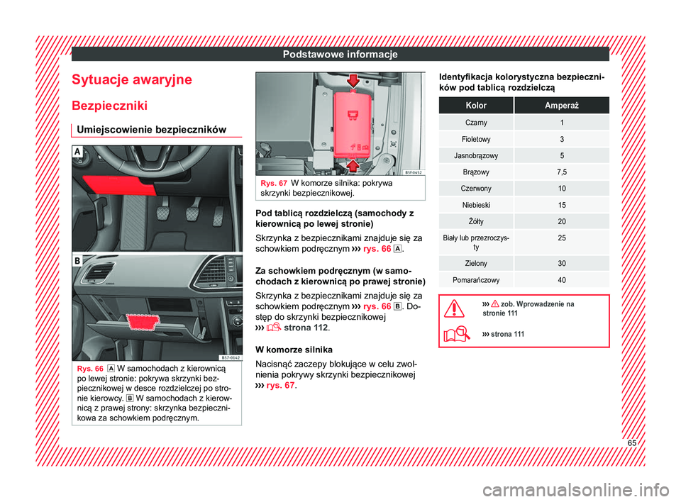 Seat Ateca 2018  Instrukcja Obsługi (in Polish) Podstawowe informacje
Sytuacje awaryjne Bezpieczniki Umiejscowienie bezpieczników Rys. 66
 W samochodach z kierownicą
po lewej stronie: pokrywa skrzynki bez-
piecznikowej w desce rozdzielczej po 