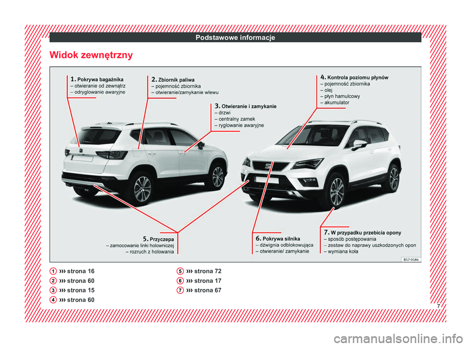 Seat Ateca 2018 Instrukcja Obsługi (in Polish) Podstawowe informacje
Widok zewnętrzny ›››
strona 16
›› ›
strona 60
››› strona 15
››› strona 60
1 2
3
4 ›››
strona 72
›› ›
strona 17
››› strona 67 5
6 Seat Ateca 2018 Instrukcja Obsługi (in Polish) Podstawowe informacje
Widok zewnętrzny ›››
strona 16
›› ›
strona 60
››› strona 15
››› strona 60
1 2
3
4 ›››
strona 72
›› ›
strona 17
››› strona 67 5
6