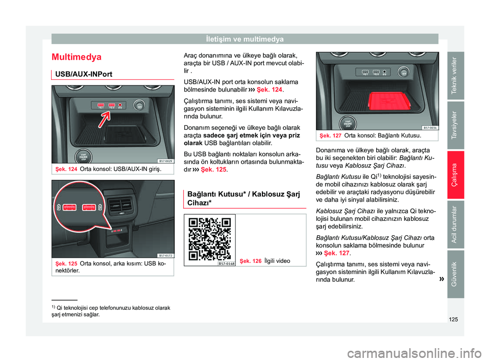 Seat Ateca 2018 Kullanım Kılavuzu (in Turkish) İletişim ve multimedya
Multimedya USB/AUX-INPort Şek. 124
Orta konsol: USB/AUX-IN giriş. Şek. 125
Orta konsol, arka kısım: USB ko-
nektörler. Araç donanımına ve ülkeye bağlı olarak,
ara Seat Ateca 2018 Kullanım Kılavuzu (in Turkish) İletişim ve multimedya
Multimedya USB/AUX-INPort Şek. 124
Orta konsol: USB/AUX-IN giriş. Şek. 125
Orta konsol, arka kısım: USB ko-
nektörler. Araç donanımına ve ülkeye bağlı olarak,
ara
