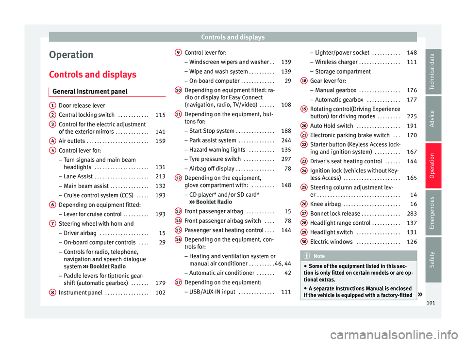Seat Ateca 2017 Owners Manual Controls and displays
Operation
C ontr
ols and displays
General instrument panel Door release lever
C
entr
al locking switch . . . . . . . . . . . .115
Control for the electric adjustment
of the e
Seat Ateca 2017 Owners Manual Controls and displays
Operation
C ontr
ols and displays
General instrument panel Door release lever
C
entr
al locking switch . . . . . . . . . . . .115
Control for the electric adjustment
of the e