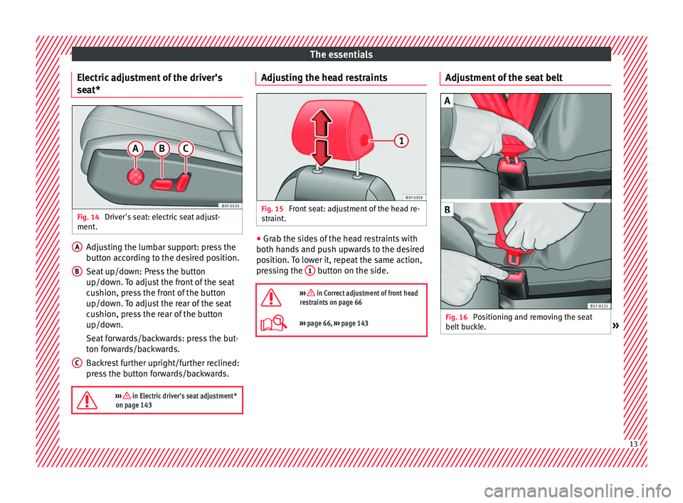Seat Ateca 2017 User Guide The essentials
Electric adjustment of the driver's
se at* Fig. 14
Driver's seat: electric seat adjust-
ment . Adjusting the lumbar support: press the
b
utt
on according to the desired positio Seat Ateca 2017 User Guide The essentials
Electric adjustment of the driver's
se at* Fig. 14
Driver's seat: electric seat adjust-
ment . Adjusting the lumbar support: press the
b
utt
on according to the desired positio