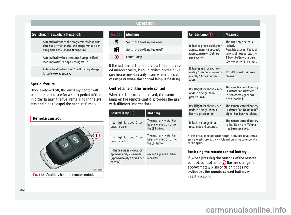 Seat Ateca 2017 Owners Manual OperationSwitching the auxiliary heater off:
Automatically once the programmed departure
time has arrived or after the programmed oper-
ating time has elapsed
››› page 163.
Automatically when Seat Ateca 2017 Owners Manual OperationSwitching the auxiliary heater off:
Automatically once the programmed departure
time has arrived or after the programmed oper-
ating time has elapsed
››› page 163.
Automatically when