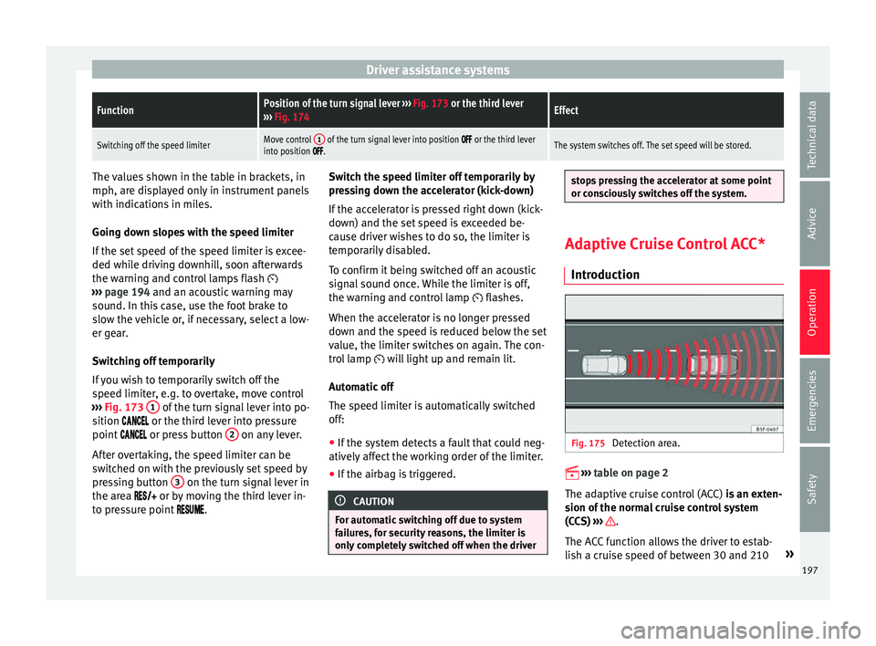 Seat Ateca 2017 Owners Manual Driver assistance systemsFunctionPosition of the turn signal lever
››› Fig. 173 or the third lever
››› Fig. 174Effect
Switching off the speed limiterMove control 1 of the turn signal le Seat Ateca 2017 Owners Manual Driver assistance systemsFunctionPosition of the turn signal lever
››› Fig. 173 or the third lever
››› Fig. 174Effect
Switching off the speed limiterMove control 1 of the turn signal le