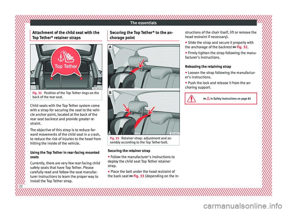 Seat Ateca 2017  Owners Manual The essentials
Attachment of the child seat with the
T op 
Tether* retainer straps Fig. 32 
Position of the Top Tether rings on the
b ac

k of the rear seat. Child seats with the Top Tether system com