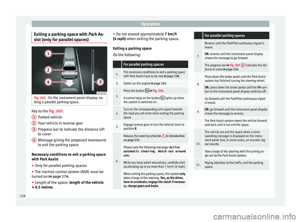 Seat Ateca 2017 Owners Manual Operation
Exiting a parking space with Park As-
s i
st (only for parallel spaces) Fig. 205
On the instrument panel display: ex-
itin g a p
arallel parking space. Key to the
Fig. 205:
P ark
ed vehi Seat Ateca 2017 Owners Manual Operation
Exiting a parking space with Park As-
s i
st (only for parallel spaces) Fig. 205
On the instrument panel display: ex-
itin g a p
arallel parking space. Key to the
Fig. 205:
P ark
ed vehi