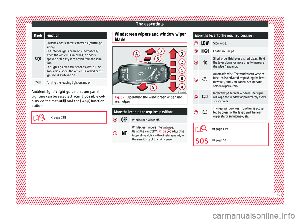 Seat Ateca 2017 Owners Guide The essentialsKnobFunction
Switches door contact control on (central po-
sition).
The interior lights come on automatically
when the vehicle is unlocked, a door is
opened or the key is removed fro Seat Ateca 2017 Owners Guide The essentialsKnobFunction
Switches door contact control on (central po-
sition).
The interior lights come on automatically
when the vehicle is unlocked, a door is
opened or the key is removed fro