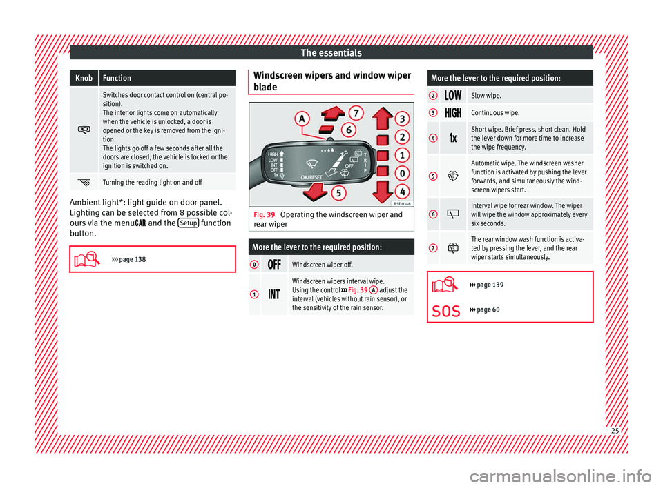 Seat Ateca 2017  Owners Manual The essentialsKnobFunction

Switches door contact control on (central po-
sition).
The interior lights come on automatically
when the vehicle is unlocked, a door is
opened or the key is removed fro