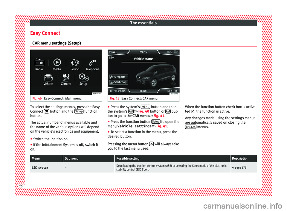 Seat Ateca 2017  Owners Manual The essentials
Easy Connect CAR menu settin g
s (Setup)Fig. 40 
Easy Connect: Main menu Fig. 41 
Easy Connect: CAR menu To select the settings menus, press the Easy
C
onnect

   button and th