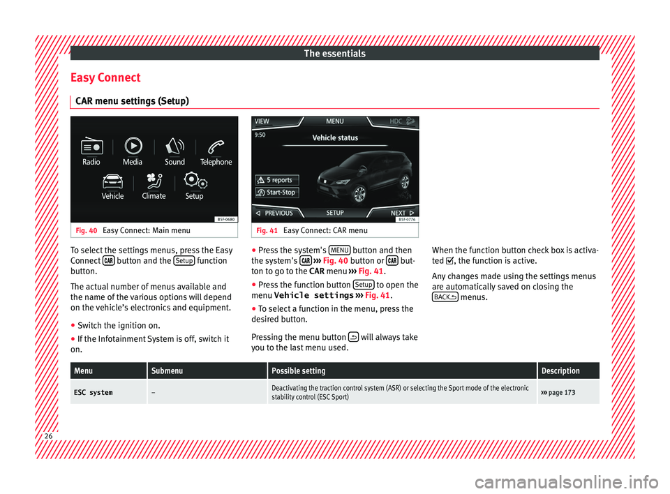 Seat Ateca 2017 Owners Guide The essentials
Easy Connect CAR menu settin g
s (Setup)Fig. 40
Easy Connect: Main menu Fig. 41
Easy Connect: CAR menu To select the settings menus, press the Easy
C
onnect
button and th Seat Ateca 2017 Owners Guide The essentials
Easy Connect CAR menu settin g
s (Setup)Fig. 40
Easy Connect: Main menu Fig. 41
Easy Connect: CAR menu To select the settings menus, press the Easy
C
onnect
button and th