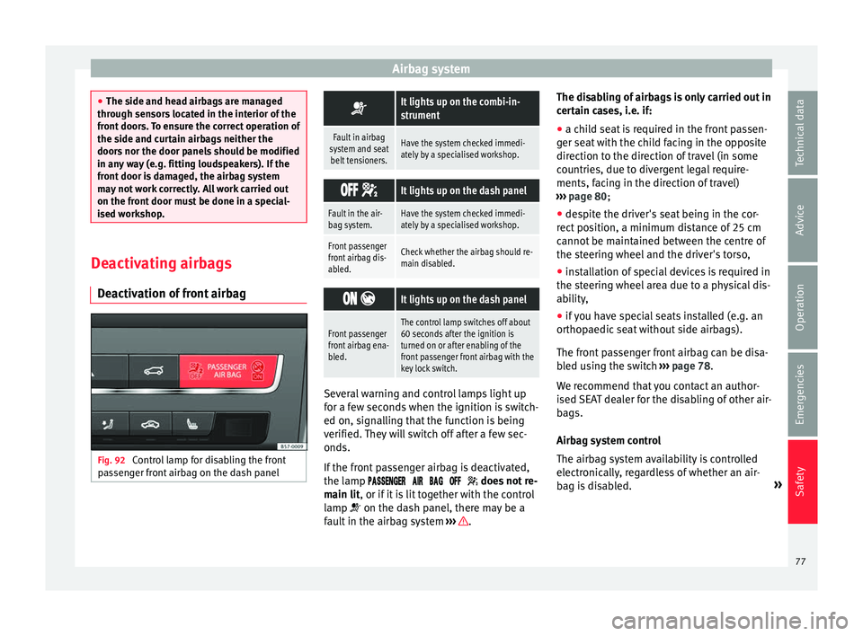 Seat Ateca 2017 User Guide Airbag system
●
The s ide and he
ad airbags are managed
through sensors located in the interior of the
front doors. To ensure the correct operation of
the side and curtain airbags neither the
doors Seat Ateca 2017 User Guide Airbag system
●
The s ide and he
ad airbags are managed
through sensors located in the interior of the
front doors. To ensure the correct operation of
the side and curtain airbags neither the
doors