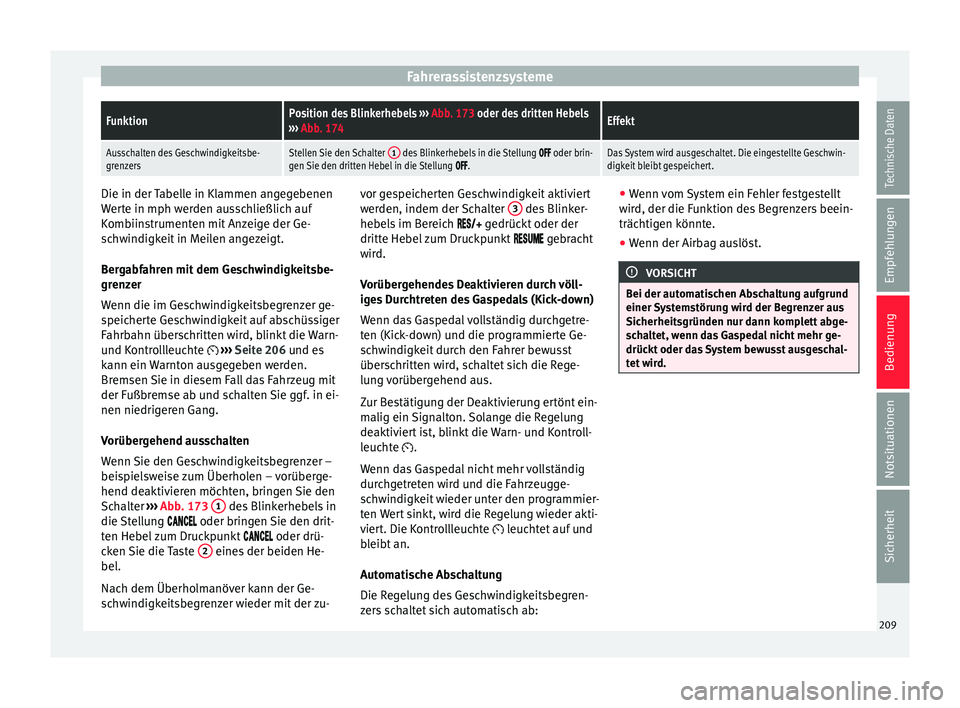 Seat Ateca 2017  Betriebsanleitung (in German) FahrerassistenzsystemeFunktionPosition des Blinkerhebels 
››› Abb. 173 oder des dritten Hebels
›››  Abb. 174Effekt
Ausschalten des Geschwindigkeitsbe-
grenzersStellen Sie den Schalter  1 d