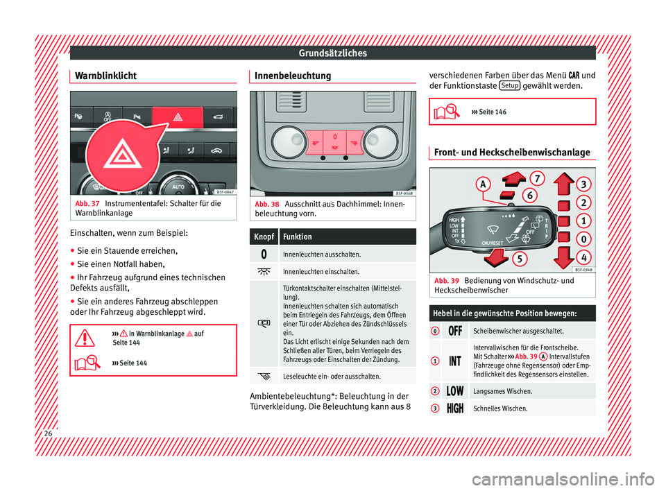 Seat Ateca 2017 Betriebsanleitung (in German) Grundsätzliches
Warnblinklicht Abb. 37
Instrumententafel: Schalter für die
W arnb
linkanlage Einschalten, wenn zum Beispiel:
●
Sie ein Stauende erreichen,
● Sie einen Notfall haben,
● Ihr Fah Seat Ateca 2017 Betriebsanleitung (in German) Grundsätzliches
Warnblinklicht Abb. 37
Instrumententafel: Schalter für die
W arnb
linkanlage Einschalten, wenn zum Beispiel:
●
Sie ein Stauende erreichen,
● Sie einen Notfall haben,
● Ihr Fah