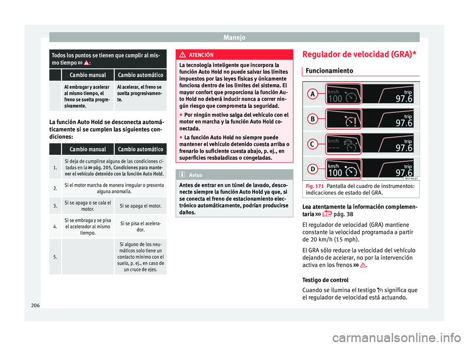 Seat Ateca 2017  Manual del propietario (in Spanish) ManejoTodos los puntos se tienen que cumplir al mis-
mo tiempo 
››› :
 Cambio manualCambio automático
 Al embragar y acelerar
al mismo tiempo, el
freno se suelta progre-
sivamente.Al acelerar, 