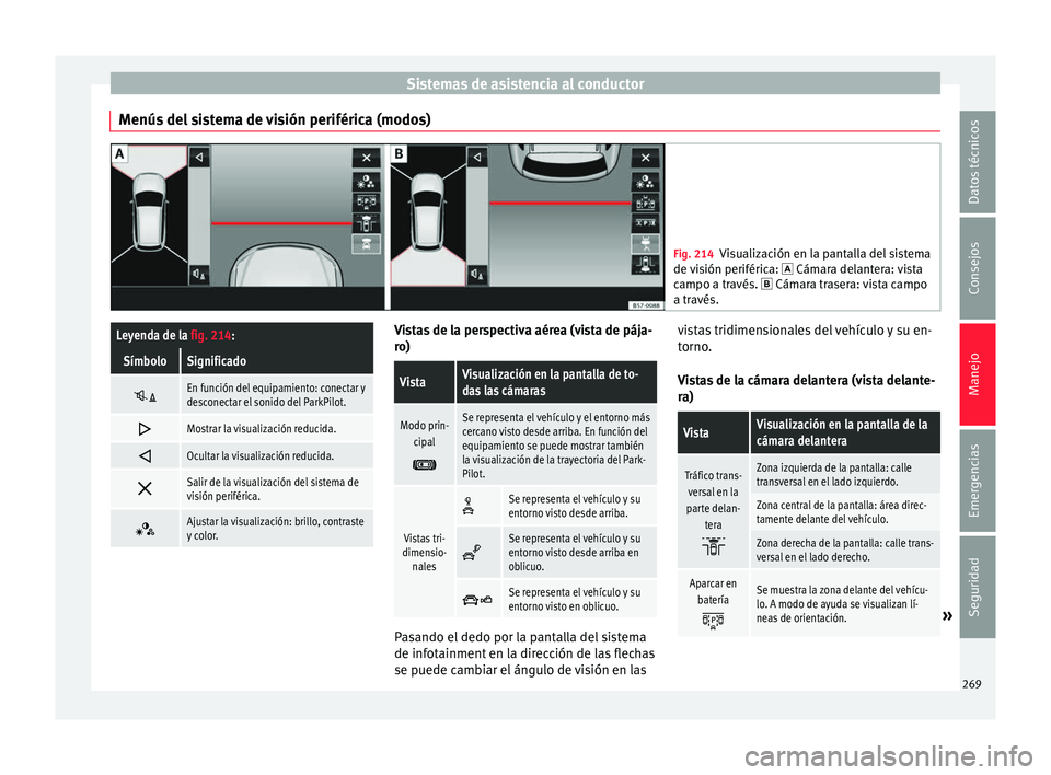Seat Ateca 2017 Manual del propietario (in Spanish) Sistemas de asistencia al conductor
Menús del sistema de visión periférica (modos) Fig. 214
Visualización en la pantalla del sistema
de v
isión periférica: Cámara delantera: vista
campo a Seat Ateca 2017 Manual del propietario (in Spanish) Sistemas de asistencia al conductor
Menús del sistema de visión periférica (modos) Fig. 214
Visualización en la pantalla del sistema
de v
isión periférica: Cámara delantera: vista
campo a