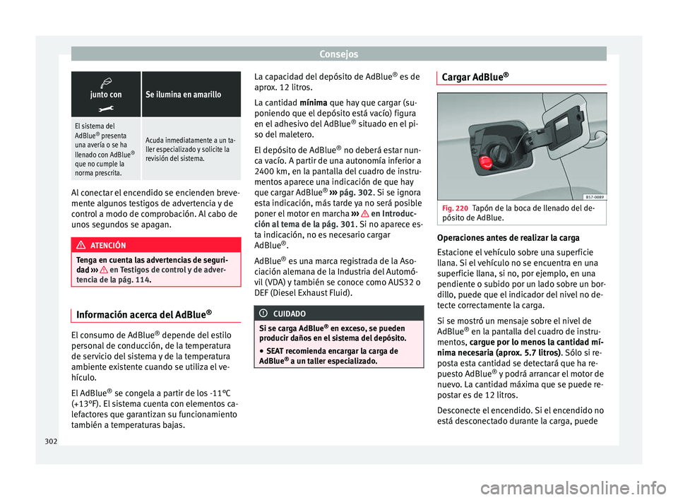 Seat Ateca 2017  Manual del propietario (in Spanish) Consejos
junto con

Se ilumina en amarillo
El sistema del
AdBlue
®
 presenta
una avería o se ha
llenado con AdBlue ®
que no cumple la
norma prescrita.
Acuda inmediatamente a un ta-
ller espec