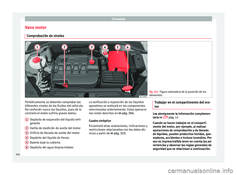 Seat Ateca 2017  Manual del propietario (in Spanish) Consejos
Vano motor C ompr
obación de niveles Fig. 221
Figura orientativa de la posición de los
el ement

os. Periódicamente se deberían comprobar los
dif
er

entes niveles de los fluidos del veh