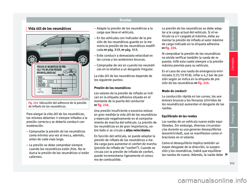 Seat Ateca 2017  Manual del propietario (in Spanish) Ruedas
Vida útil de los neumáticos Fig. 224
Ubicación del adhesivo de la presión
de infl a
do de los neumáticos. Para alargar la vida útil de los neumáticos,
lo
s

 mismos deberían ir siempre 